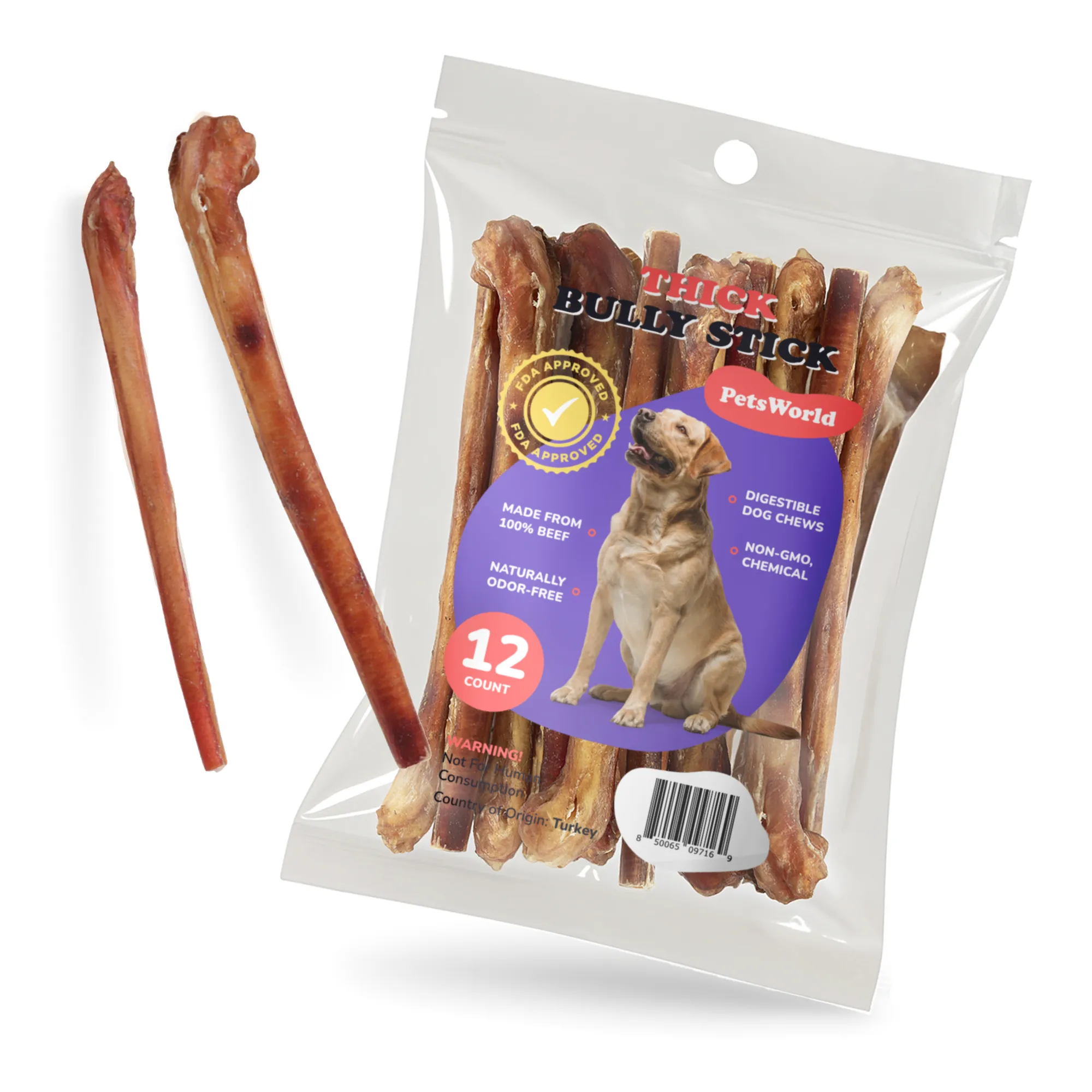 12-Inch Extra Thick Jumbo Bully Sticks for Medium - Large Dogs