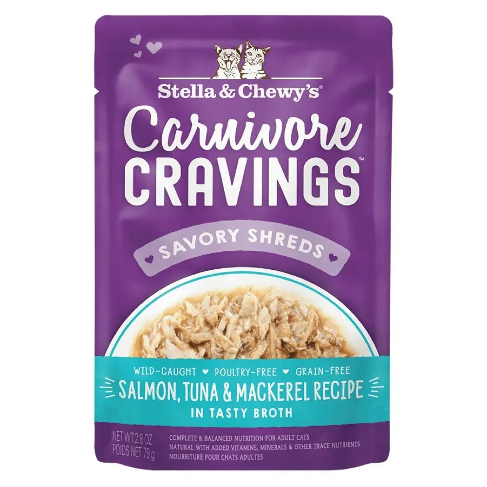 4 FOR $13.60: Stella & Chewy's Carnivore Cravings Savory Shreds Salmon, Tuna & Mackerel In Broth Grain-Free Pouch Cat Food 2.8oz