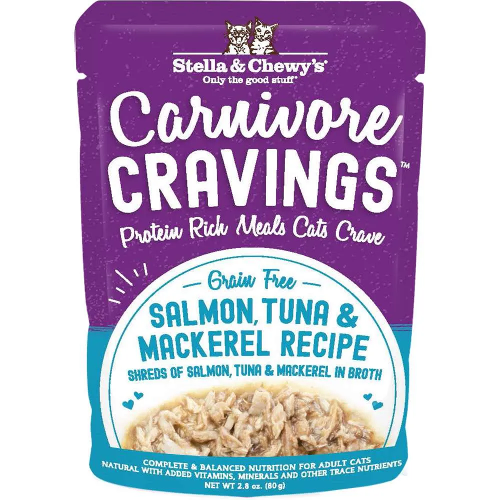 4 FOR $13.60: Stella & Chewy's Carnivore Cravings Savory Shreds Salmon, Tuna & Mackerel In Broth Grain-Free Pouch Cat Food 2.8oz