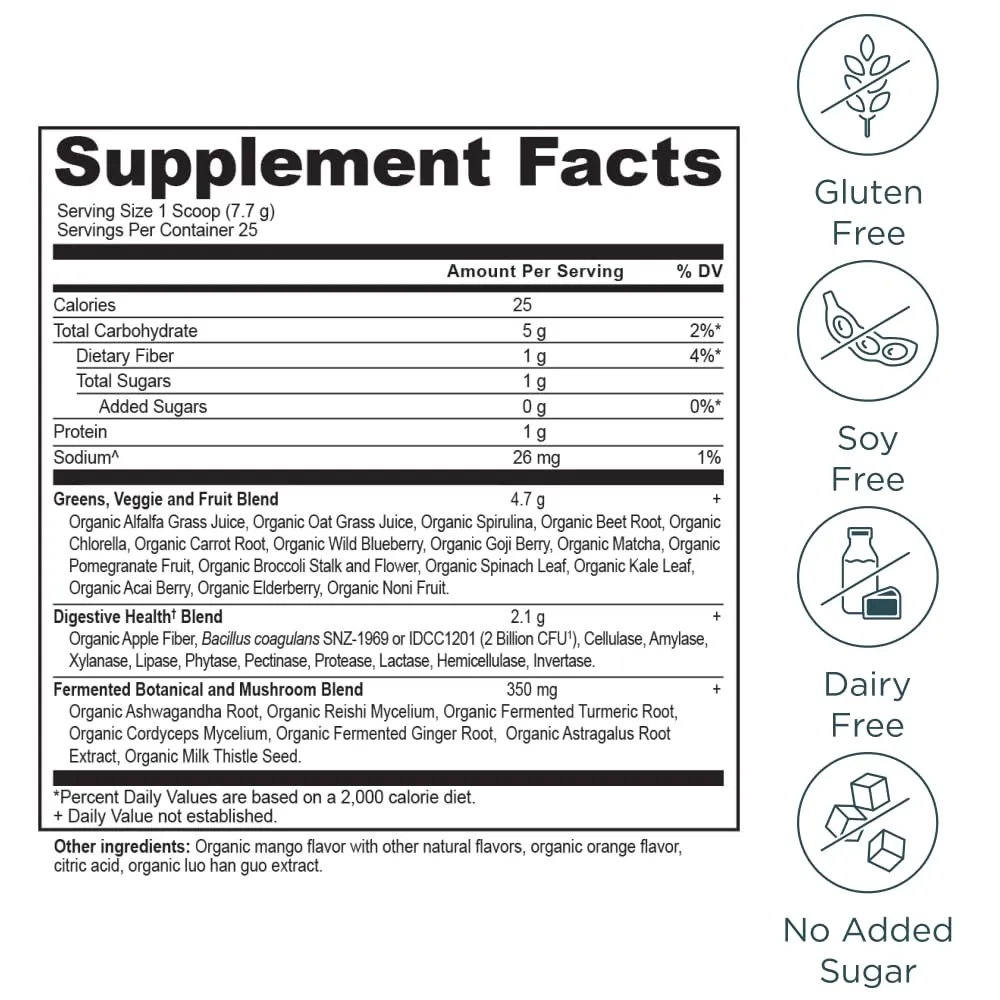 Ancient Nutrition SuperGreens Powder Mango 6.8oz 25 Servings