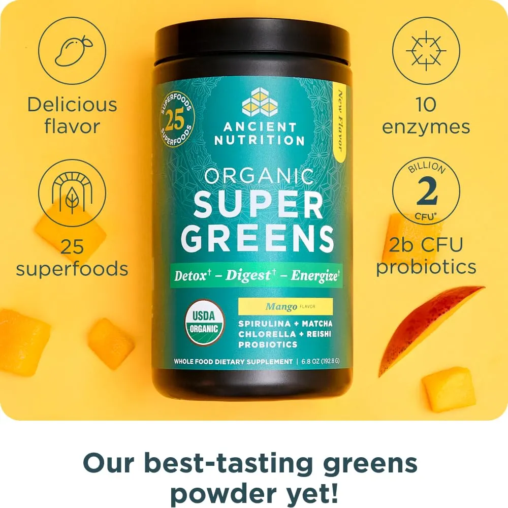 Ancient Nutrition SuperGreens Powder Mango 6.8oz 25 Servings