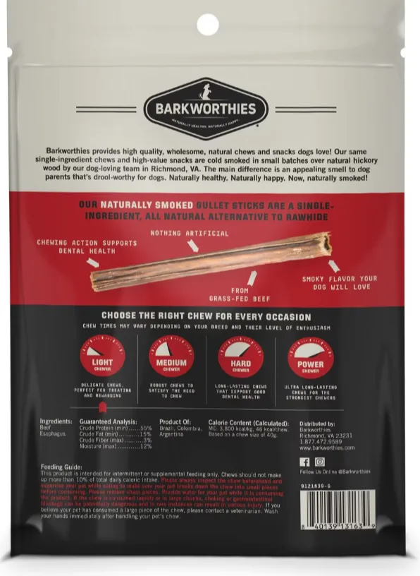 Barkworthies 10 Pack Smoked Beef Gullet Sticks For Dogs