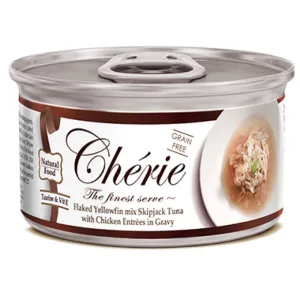 Cherie Flaked Yellowfin Mix Skipjack Tuna With Chicken Entrées In Gravy Canned Cat Food 80g