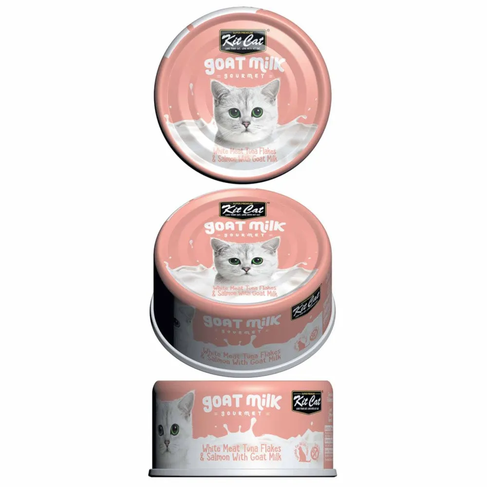 Kit Cat Goat Milk Gourmet White Meat Tuna Flakes & Salmon Grain-Free Canned Cat Food 70g