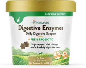 NaturVet Digestive Enzymes Soft Chews Daily Digestive Support with Pre & Probiotic for Cats, 60 count