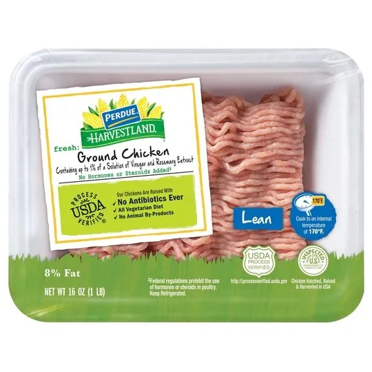 Perdue Harvestland, 92% Lean 8% Fat, Ground Chicken, 22g Protein, 4oz Svg., 1 lb. Tray (Raw)