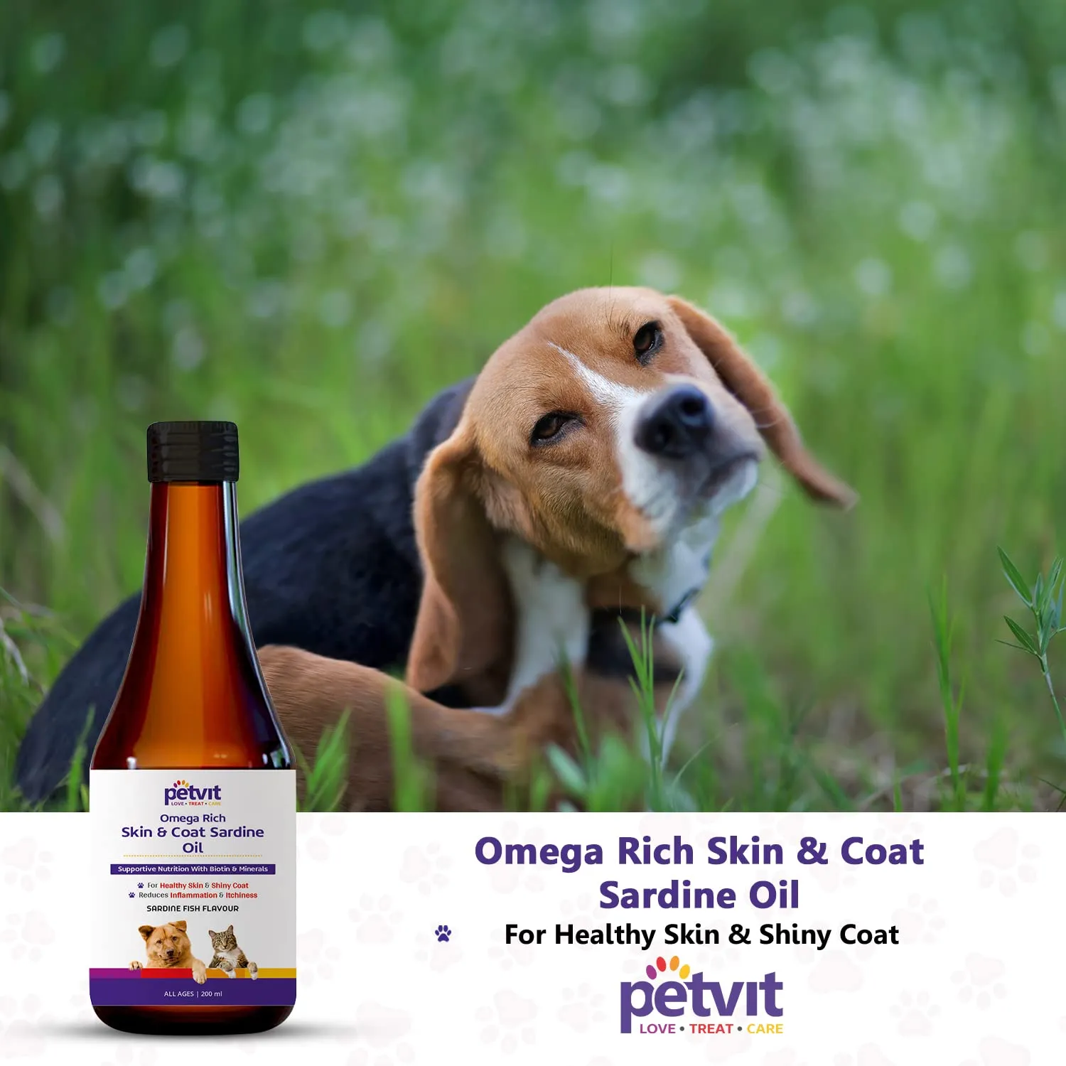 Petvit Omega Rich Skin & Coat Sardine Oil - Natural Skin Care Supplement | Dogs & Cats (All ages)- 200ml