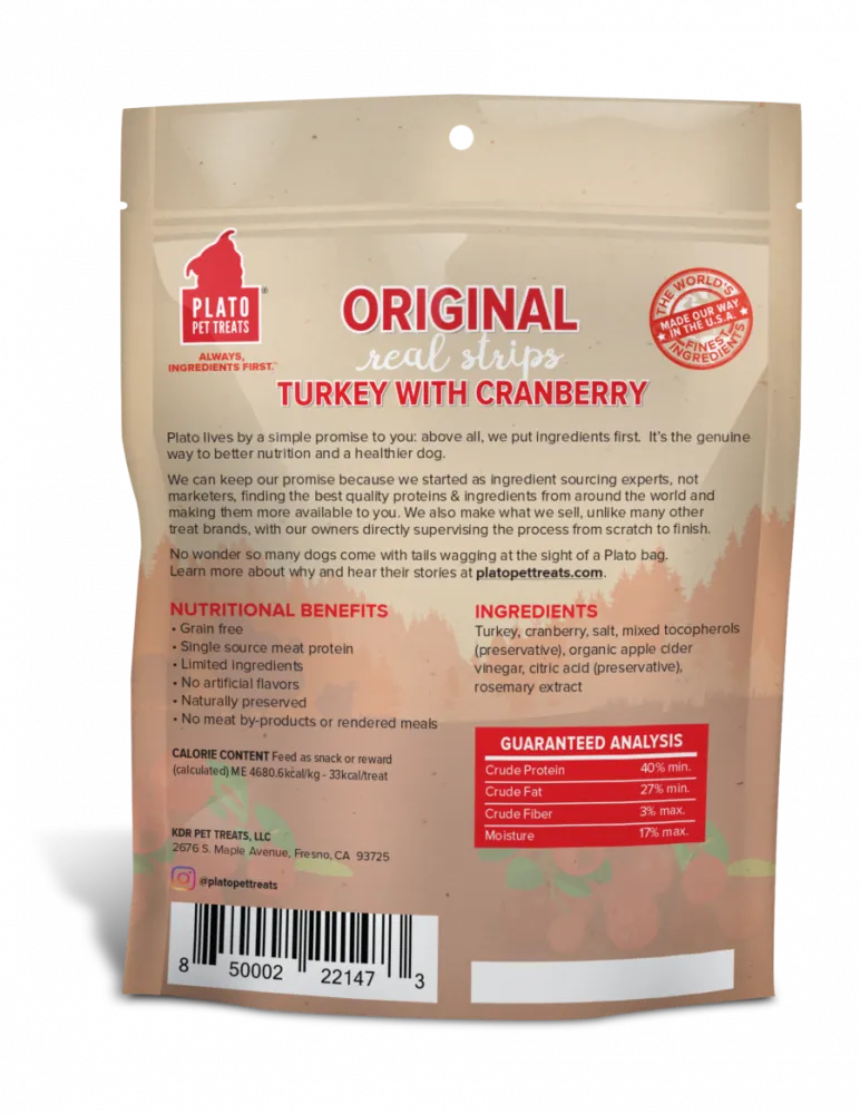 Plato Grain Free Real Strips Turkey With Cranberry Dog Treats