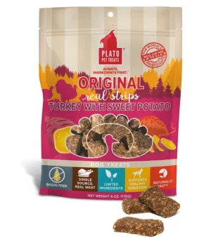 Plato Pet Treats Original Real Strips Dog Treats, Turkey with Sweet Potato, 6 oz