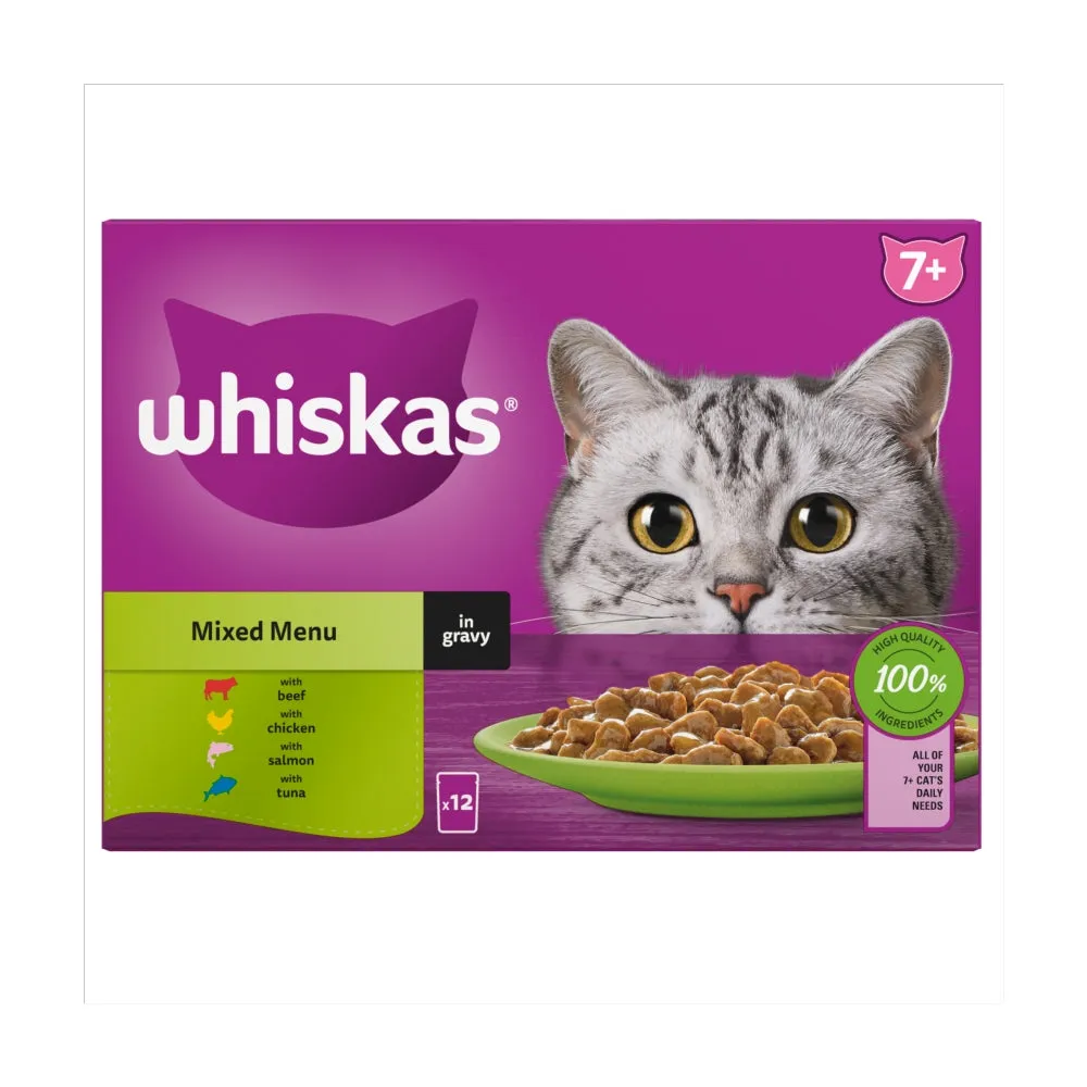 WHISKAS | Wet Cat Food Pouches | Senior 7  Mixed Menu in Gravy - 12 x 85g